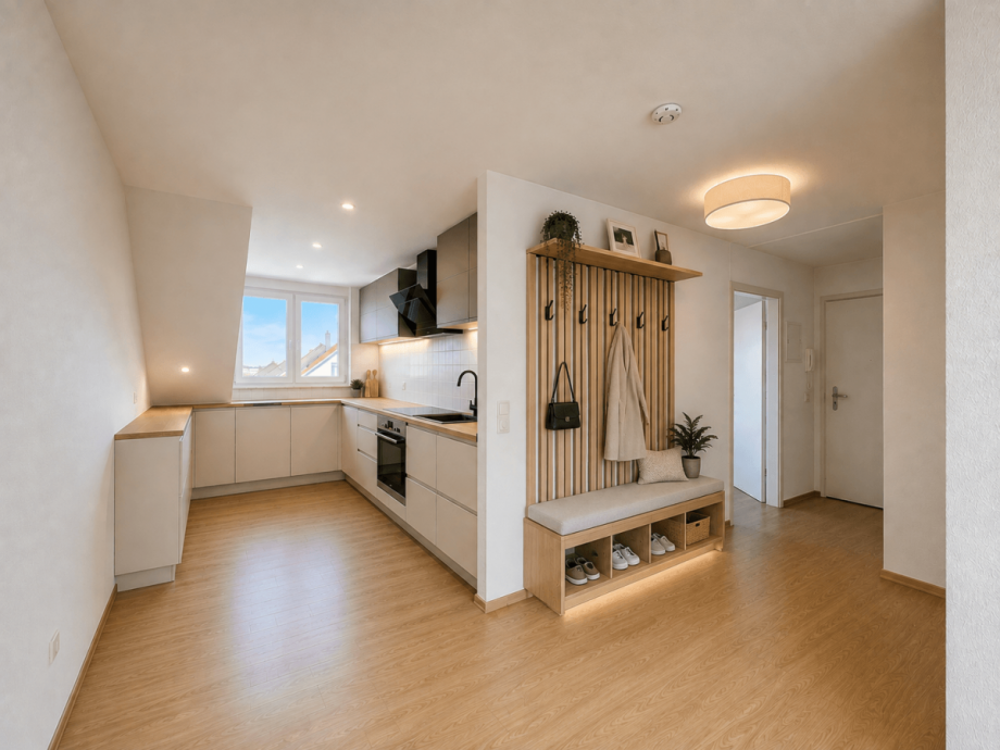 K�che und Eingang (mit KI bearbeitet und m�bliert) Wohnung Stuttgart