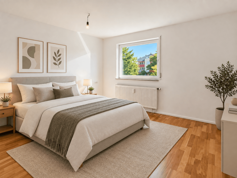 Schlafzimmer mit KI generiertem Einrichtungsbeispiel Etagenwohnung Stuttgart