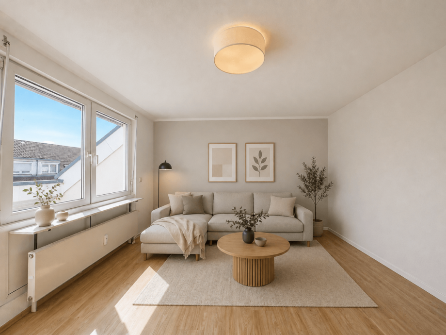 Wohnzimmer (mit KI bearbeitet und m�bliert) Wohnung Stuttgart