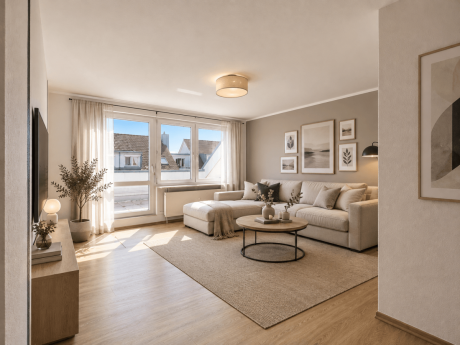 Wohnzimmer (mit KI bearbeitet und m�bliert) Wohnung Stuttgart