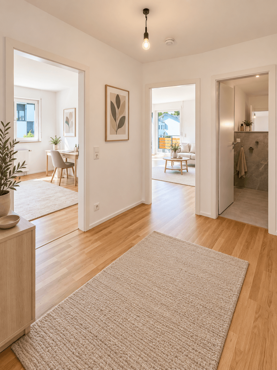 Flur mit KI generiertem Einrichtungsbeispiel Etagenwohnung Stuttgart