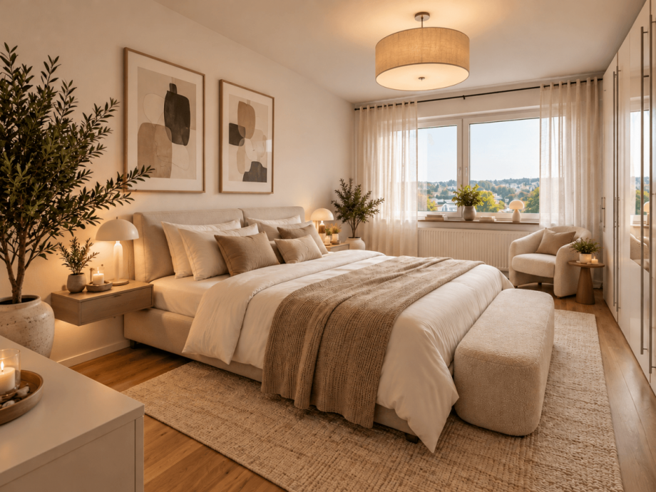 Schlafzimmer mit KI generiertem Einrichtungsbeispiel Wohnung Stuttgart