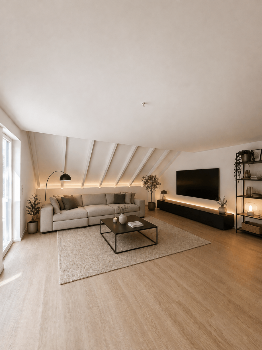 Wohnzimmer KI-Visualisierung Maisonettewohnung Stuttgart