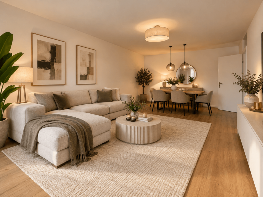 Wohnzimmer mit KI generiertem Einrichtungsbeispiel Wohnung Stuttgart